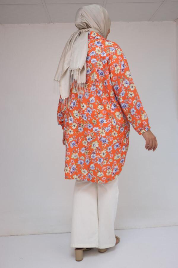 58052 Büyük Beden Erkek Yakalı Jesica Gömlek Tunik - Çiçek Desen Kiremit - 3