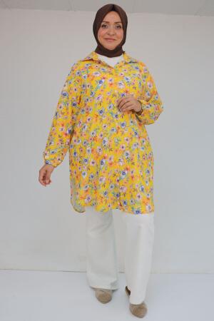 58052 Büyük Beden Erkek Yakalı Jesica Gömlek Tunik - Manolya Desen Hardal - 