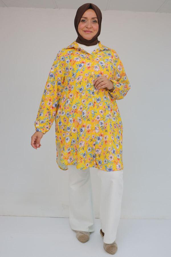 58052 Büyük Beden Erkek Yakalı Jesica Gömlek Tunik - Manolya Desen Hardal - 1