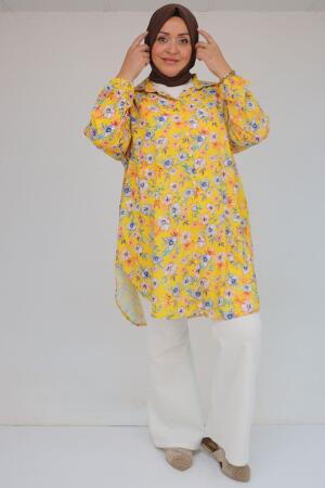 58052 Büyük Beden Erkek Yakalı Jesica Gömlek Tunik - Manolya Desen Hardal - (1)