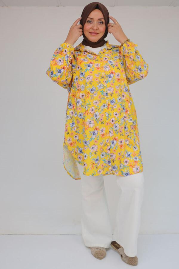 58052 Büyük Beden Erkek Yakalı Jesica Gömlek Tunik - Manolya Desen Hardal - 2