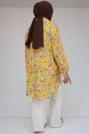 58052 Büyük Beden Erkek Yakalı Jesica Gömlek Tunik - Manolya Desen Hardal - 3