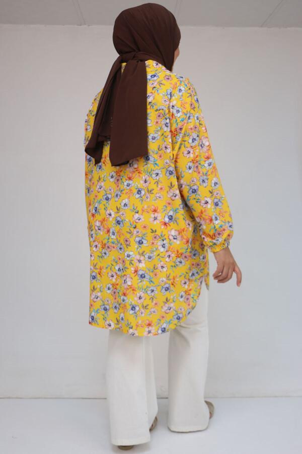 58052 Büyük Beden Erkek Yakalı Jesica Gömlek Tunik - Manolya Desen Hardal - 3