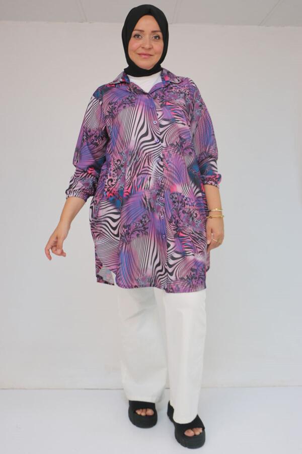 58052 Büyük Beden Erkek Yakalı Jesica Gömlek Tunik - Zebra Desen Mor - 1
