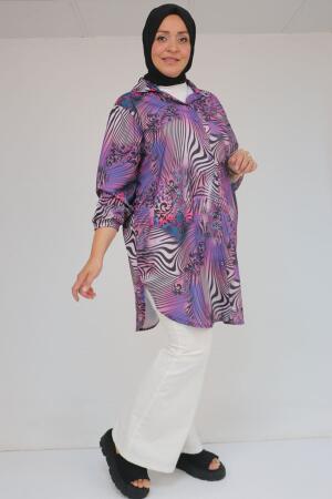 58052 Büyük Beden Erkek Yakalı Jesica Gömlek Tunik - Zebra Desen Mor - (1)