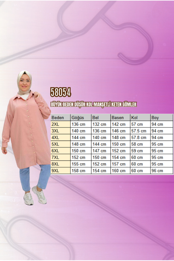 58054 Büyük Beden Düşük Kol Manşetli Keten Gömlek - Siyah - 2