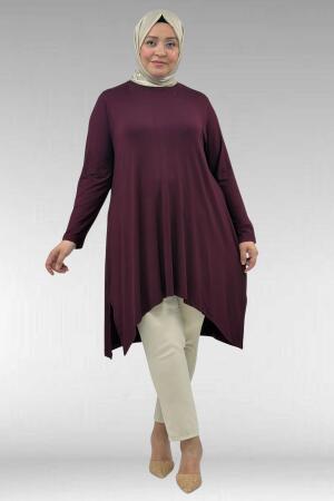 58070 Büyük Beden Asimetrik Kesim Penye Tunik - Bordo - 1