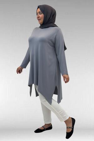 58070 Büyük Beden Asimetrik Kesim Penye Tunik - Gri - 3