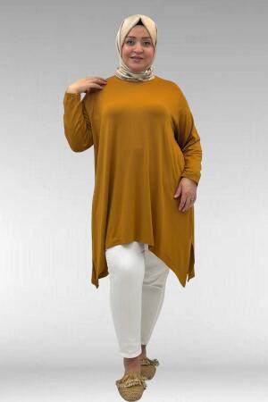 58070 Büyük Beden Asimetrik Kesim Penye Tunik - Tütün - 
