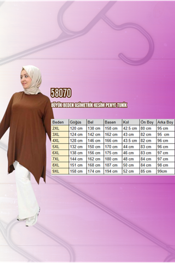 58070 Büyük Beden Asimetrik Kesim Penye Tunik - Tütün - 2