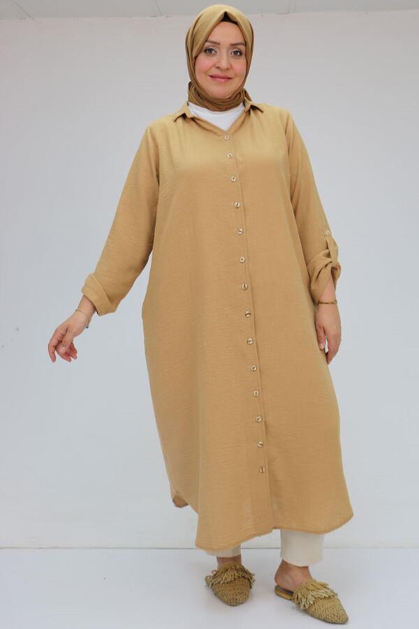58073 Büyük Beden Kolları Katlamalı Erkek Yaka Keten Tunik - Taba - 1