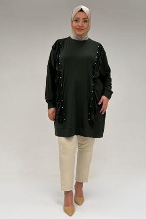 58074 Büyük Beden Fırfır Ve Taş Detaylı Penye Tunik - Haki - 