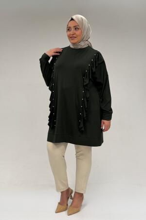 58074 Büyük Beden Fırfır Ve Taş Detaylı Penye Tunik - Haki - 3