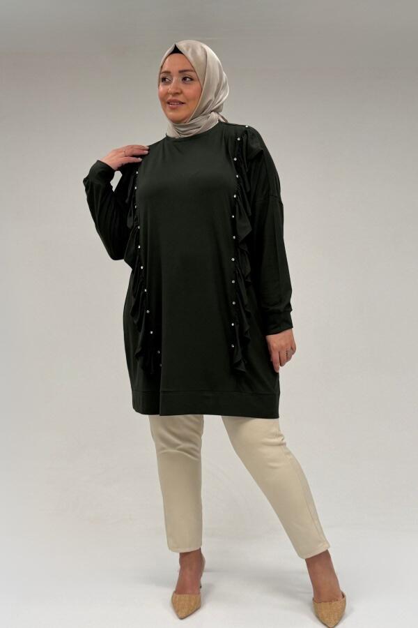 58074 Büyük Beden Fırfır Ve Taş Detaylı Penye Tunik - Haki - 4
