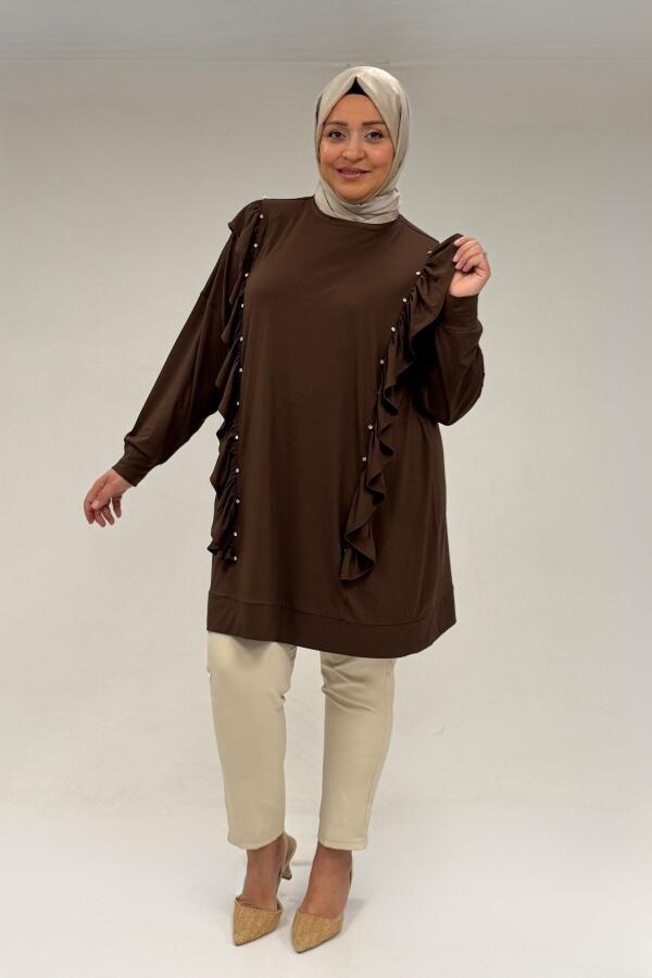 58074 Büyük Beden Fırfır Ve Taş Detaylı Penye Tunik - Kahve - 1