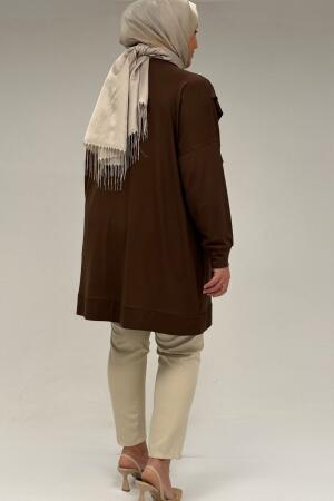 58074 Büyük Beden Fırfır Ve Taş Detaylı Penye Tunik - Kahve - 3