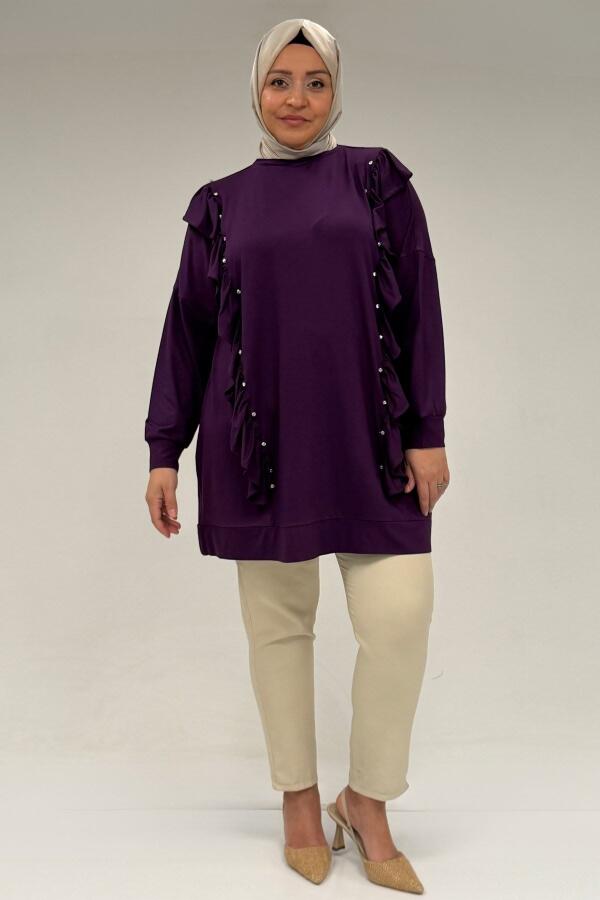 58074 Büyük Beden Fırfır Ve Taş Detaylı Penye Tunik - Mürdüm - 1