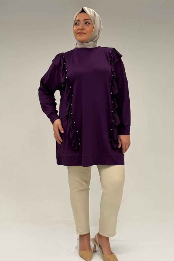 58074 Büyük Beden Fırfır Ve Taş Detaylı Penye Tunik - Mürdüm - 3