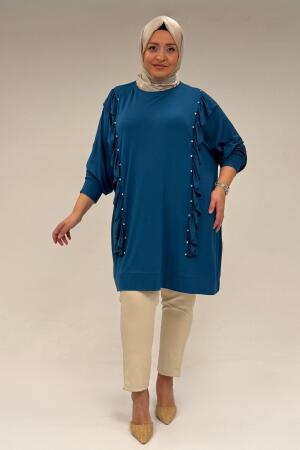 58074 Büyük Beden Fırfır Ve Taş Detaylı Penye Tunik - Petrol - 