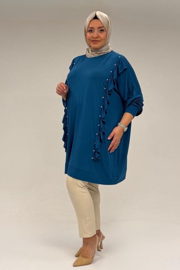 58074 Büyük Beden Fırfır Ve Taş Detaylı Penye Tunik - Petrol - 3