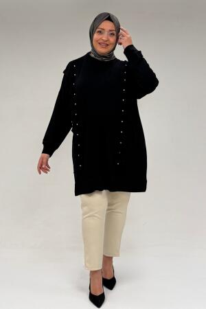 58074 Büyük Beden Fırfır Ve Taş Detaylı Penye Tunik - Siyah - 