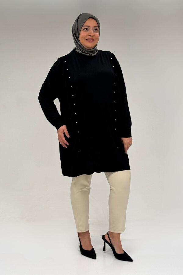 58074 Büyük Beden Fırfır Ve Taş Detaylı Penye Tunik - Siyah - 3