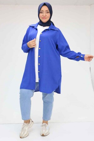 58081 Büyük Beden Düğmeli Yakası Detaylı Keten Tunik - Saks - 1