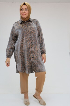 58085-1 Büyük Beden Kolları Lastikli Star Gömlek - Leopar - 1