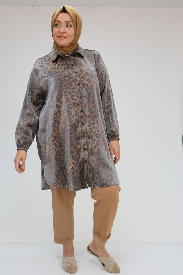 58085-1 Büyük Beden Kolları Lastikli Star Gömlek - Leopar - 1