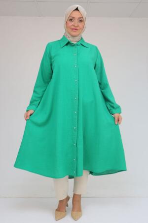 58087 Büyük Beden Taş Baskı Detaylı Keten Mevlana Tunik - Benetton - 1