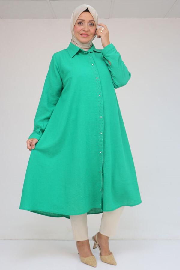 58087 Büyük Beden Taş Baskı Detaylı Keten Mevlana Tunik - Benetton - 2