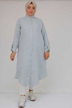 58092 Büyük Beden Çift Düğme Detaylı Müslin Gömlek - Gri - 