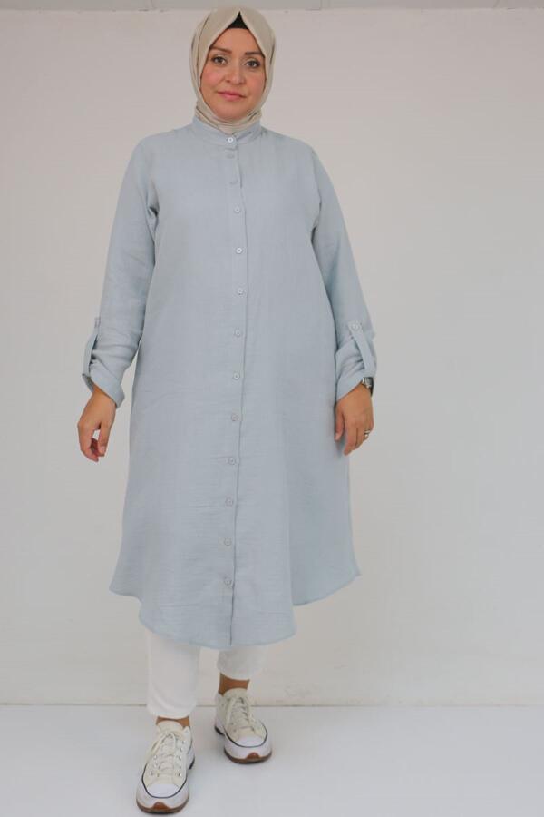 58092 Büyük Beden Çift Düğme Detaylı Müslin Gömlek - Gri - 1