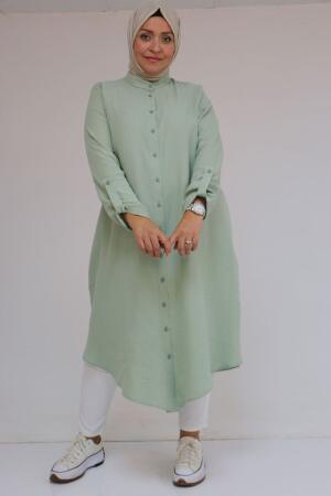 58092 Büyük Beden Çift Düğme Detaylı Müslin Gömlek - Nefti - 