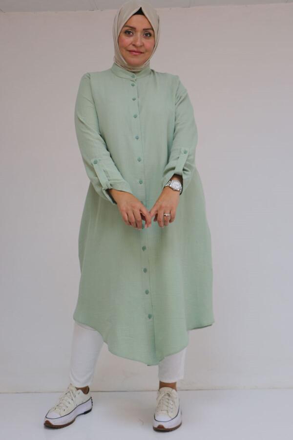 58092 Büyük Beden Çift Düğme Detaylı Müslin Gömlek - Nefti - 1
