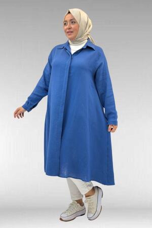 58093 Büyük Beden Mevlana Kesim Müslin Gömlek - İndigo - 3