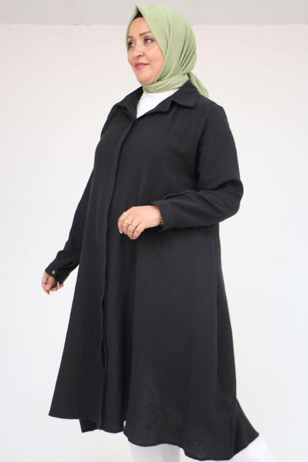 58093 Büyük Beden Mevlana Kesim Müslin Gömlek - Siyah - 2