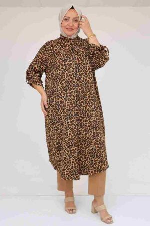 58097 Büyük Beden Desenli Bürümcük Düğmeli Gömlek - Siyah-Leopar - 1