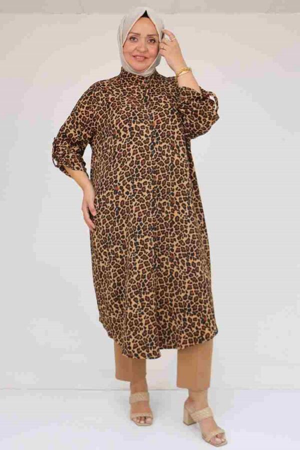 58097 Büyük Beden Desenli Bürümcük Düğmeli Gömlek - Siyah-Leopar - 1