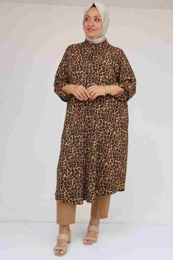 58097 Büyük Beden Desenli Bürümcük Düğmeli Gömlek - Siyah-Leopar - 2