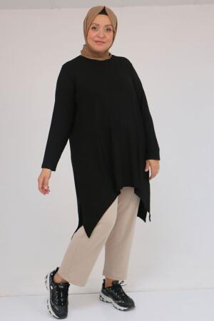 58106 Büyük Beden Eteği Asimetrik Kesim Çilek Tunik - Siyah - 