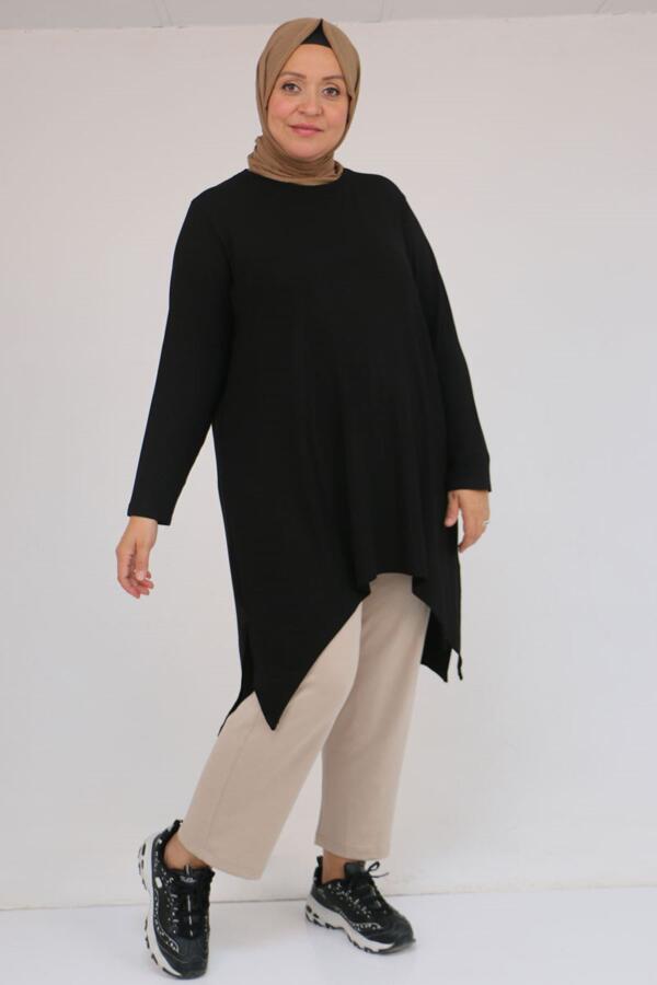 58106 Büyük Beden Eteği Asimetrik Kesim Çilek Tunik - Siyah - 1