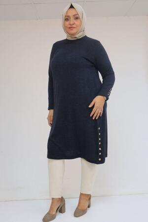 58109 Büyük Beden Patlı Düğmeli Mir Tunik - İndigo - 1