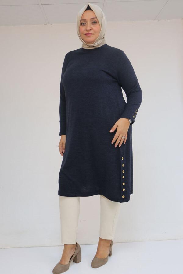 58109 Büyük Beden Patlı Düğmeli Mir Tunik - İndigo - 1