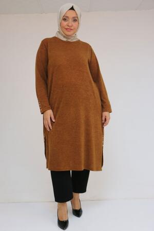 58109 Büyük Beden Patlı Düğmeli Mir Tunik - Taba - 