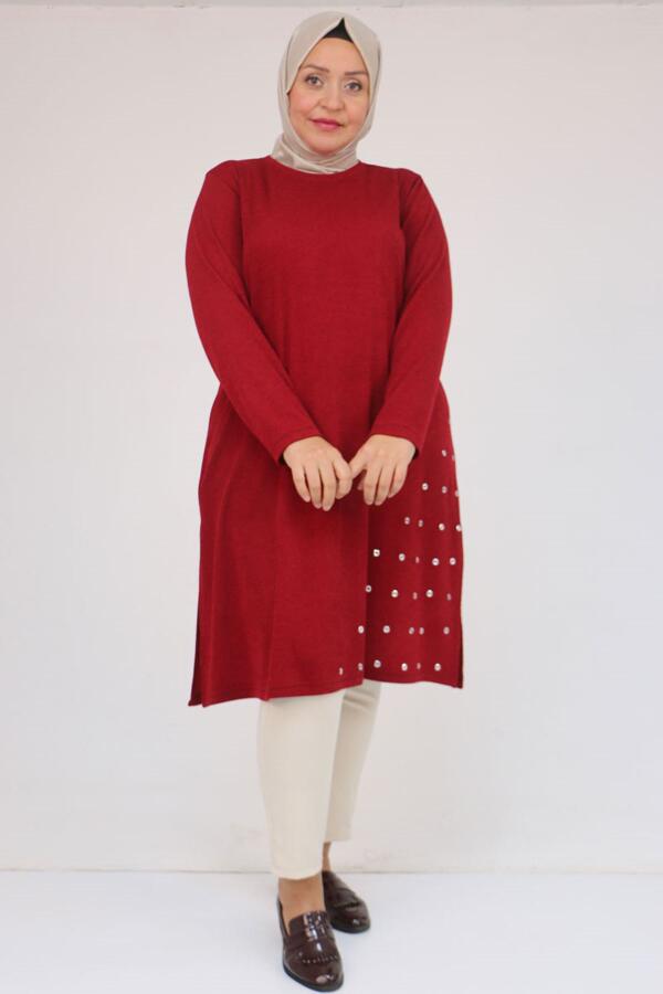 58110 Büyük Beden Yan Dikişinde Kuş Gözü Detaylı Mir Tunik - Bordo - 1