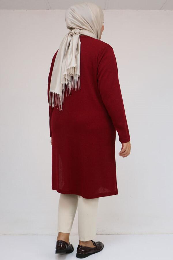 58110 Büyük Beden Yan Dikişinde Kuş Gözü Detaylı Mir Tunik - Bordo - 3