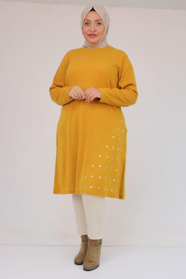 58110 Büyük Beden Yan Dikişinde Kuş Gözü Detaylı Mir Tunik - Hardal - 1