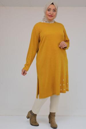 58110 Büyük Beden Yan Dikişinde Kuş Gözü Detaylı Mir Tunik - Hardal - 3