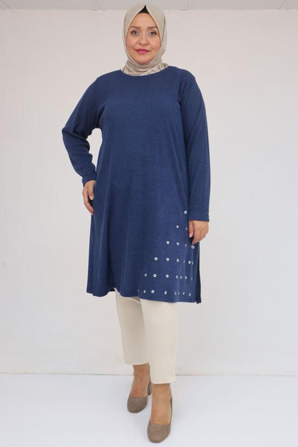 58110 Büyük Beden Yan Dikişinde Kuş Gözü Detaylı Mir Tunik - İndigo - 1